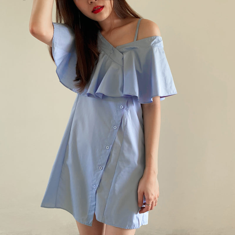 Drop Shoulder Ruffle Short Dress