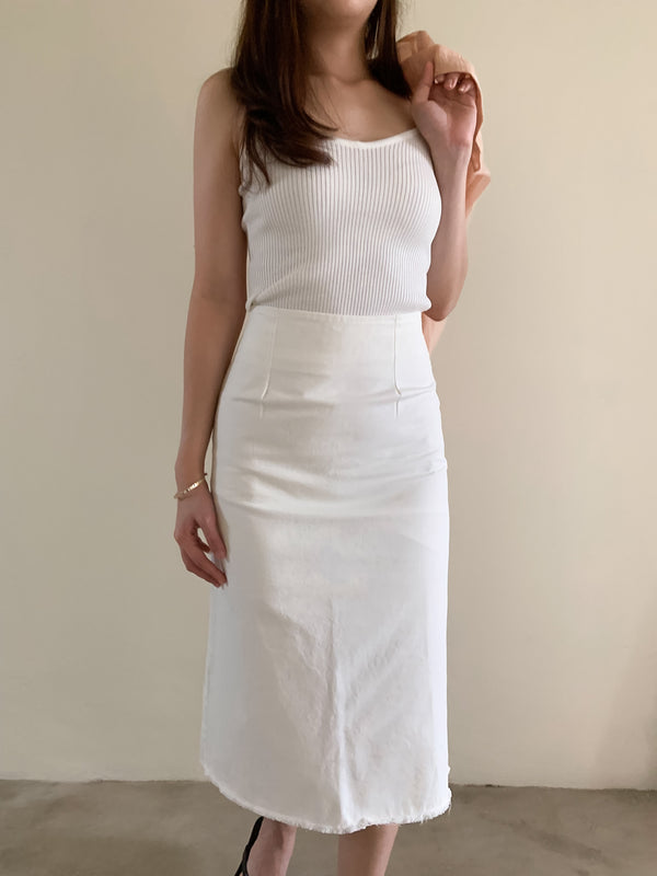 High Waist White Denim Midi Skirt